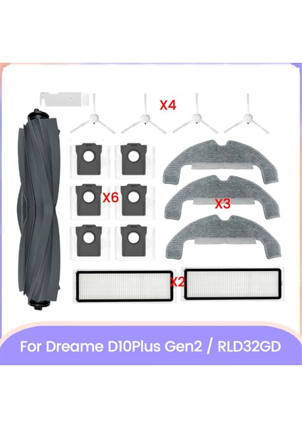 Dreame D10 Plus Gen 2/RLD32GD Robot Süpürge Parçaları Için 17 Adet Ana Yan Fırça Filtresi Toz Torbası Paspas Bezi (Yurt Dışından)