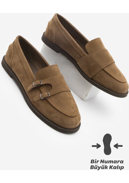Kadın Loafer Makosen Tokalı Günlük Ayakkabı Ovora Taba Süet