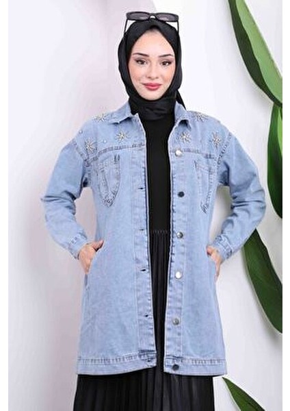 Mavi Cepli Taş Detaylı Kadın Kot Ceket Dokuma Kumaşla Şık Tasarım indirimleri