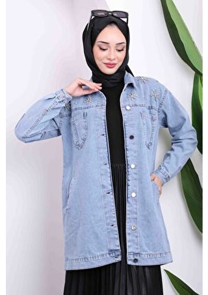 Mavi Cepli Taş Detaylı Kadın Kot Ceket Dokuma Kumaşla Şık Tasarım