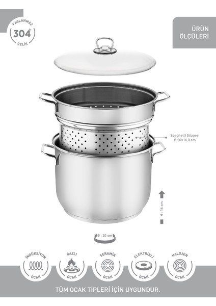 20 cm Haşlama Süzgeçli Spaghetti Tencere Metal Kapaklı Kumsal Tepeli fiyatları