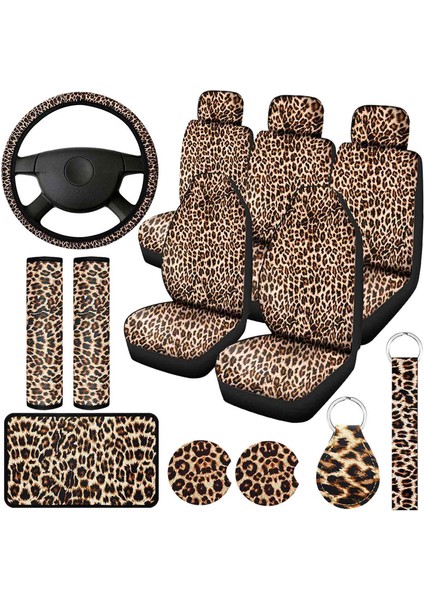 15PCS Leopar Baskı Araba Koltuk Kapağı Kiti Araç Direksiyon Simidi Kapağı Emniyet Kemer Pedleri Barınaklar Kol Tabancası Pedi ve Anahtarlık (Yurt Dışından)