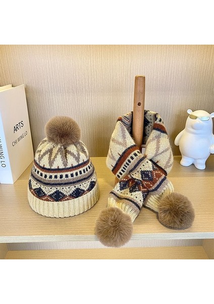 Sonbahar ve Kış Yeni Renkli Desen Çocuk Örme Yün Şapka Sıcak Çapraz Boyun Iki Parçalı Set (Yurt Dışından)