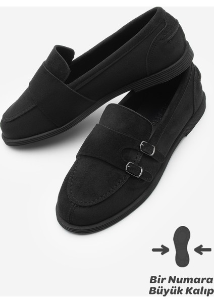 Kadın Loafer Makosen Tokalı Günlük Ayakkabı Ovora Siyah Süet