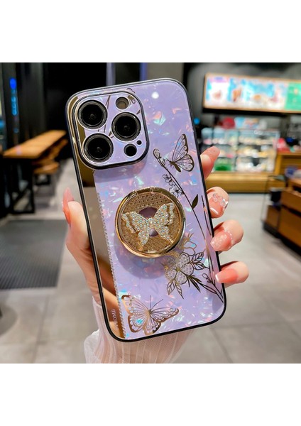 iPhone 15 Yapay Elmas Kelebek Halkalı Ayaklı Bling Glitter Yumuşak Tpu Koruyucu Telefon Kılıfı (Yurt Dışından)