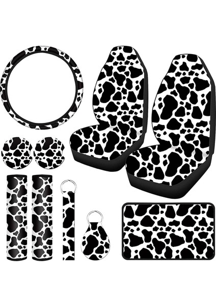 10PCS Inek Basılı Araba Koltuk Kapağı Kiti Araba Direksiyon Kapağı Emniyet Kemeri Pedleri Araba Zemin Paspasları Araba Bardak Altlıkları Kolçak Ped (Yurt Dışından)