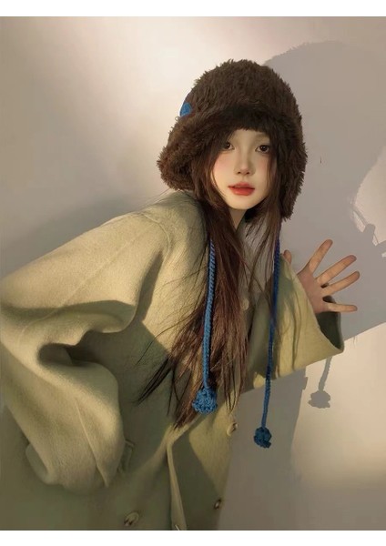 Şapka Kadın El Yapımı Tığ Işi Yay Peluş Şapka Sıcak Kulak Koruma Şapka Kalınlaşmış Örme Yıldırım Şapka Sonbahar ve Kış Soğuk Kap (Yurt Dışından)