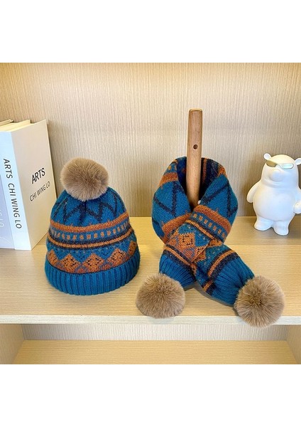 Sonbahar ve Kış Yeni Renkli Desen Çocuk Örme Yün Şapka Sıcak Çapraz Boyun Iki Parçalı Set (Yurt Dışından)