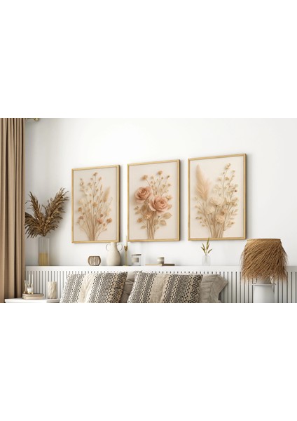 3 Parça Çerçeveli Dekoratif Çiçekler Ahşap Tablo Seti, Ev Dekoru Bestablo