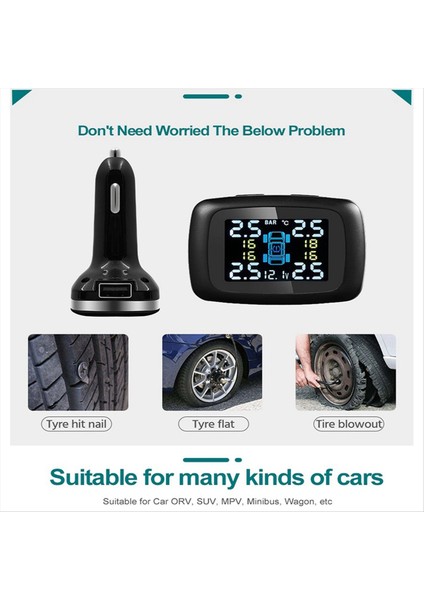 Tpms Araç Şarj Cihazı Tpms Sensör Lastik Basınç Izleme Sistemi Otomatik Lastik Hava Basınç Güvenlik Alarmı 4 Sensörler Harici (Yurt Dışından)