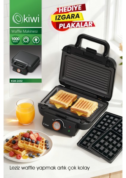 KSM-2432 Çıkarılabilir Plakalı Waffle Makinesi - Tost Plakası Hediye -
