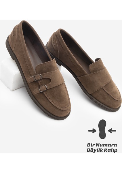 Kadın Loafer Makosen Tokalı Günlük Ayakkabı Ovora Kahve Süet