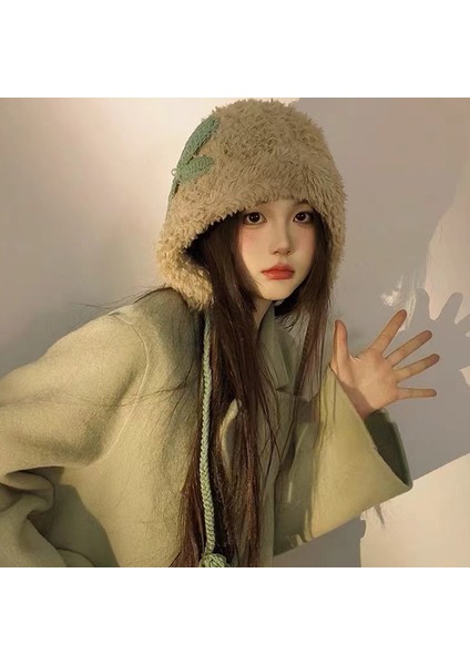 Şapka Kadın El Yapımı Tığ Işi Yay Peluş Şapka Sıcak Kulak Koruma Şapka Kalınlaşmış Örme Yıldırım Şapka Sonbahar ve Kış Soğuk Kap (Yurt Dışından)