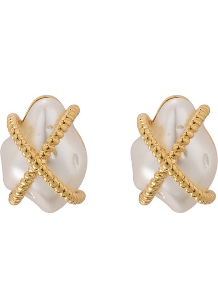 ADORE-R0453 Altın Çapraz Bükümlü Düzensiz Inci Küpe (Yurt Dışından)