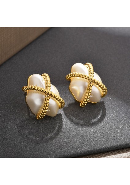 ADORE-R0453 Altın Çapraz Bükümlü Düzensiz Inci Küpe (Yurt Dışından) fiyatları