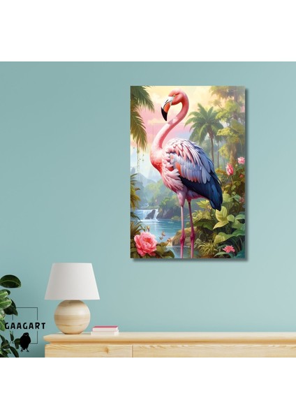Tekli Dikey Kanvas Tablo Yüksek Kaliteli Renkli Flamingo ve Gül