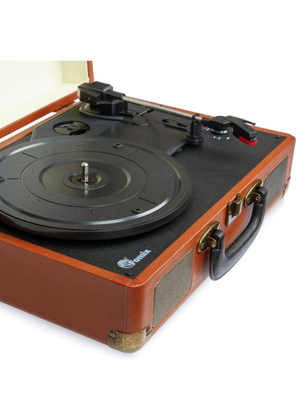 FM-102 Kahverengi Hoparlörlü Bluetoothlu Pikap Plak Çalar