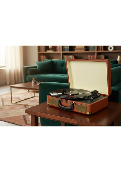 FM-102 Kahverengi Hoparlörlü Bluetoothlu Pikap Plak Çalar