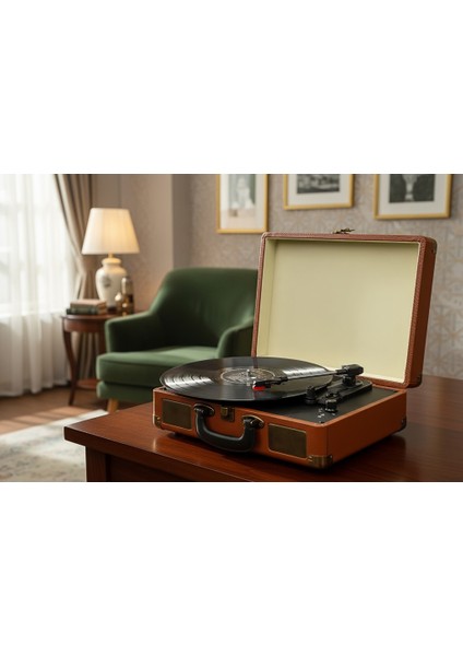 FM-102 Kahverengi Hoparlörlü Bluetoothlu Pikap Plak Çalar