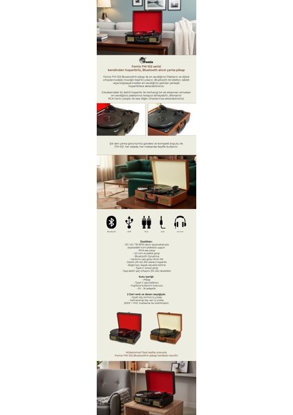 FM-102 Kahverengi Hoparlörlü Bluetoothlu Pikap Plak Çalar