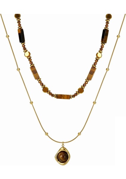 Kadınlar Için Fransız Retro Çift Katmanlı Kaplan Gözü Kolye, Köprücük Kemiği Zinciri, Gerdanlık (Yurt Dışından)