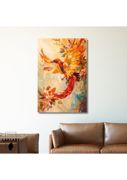 Tekli Dikey Kanvas Tablo Sanatsal Yağlı Boya Görünümlü Anka Kuşu
