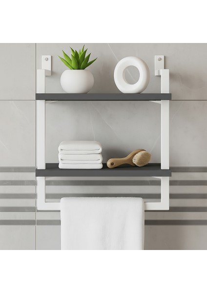 40x20 cm Banyo Rafı Duvara Monte Havluluk 2 Katlı Dekoratif Düzenleyici Organizer Beyaz Metal fiyatları
