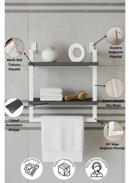 40x20 cm Banyo Rafı Duvara Monte Havluluk 2 Katlı Dekoratif Düzenleyici Organizer Beyaz Metal modelleri