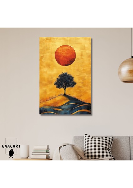 Tekli Dikey Kanvas Tablo Yağlı Boya Görünümlü Ağaç ve Güneş