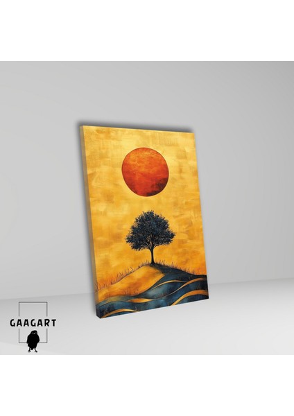 Tekli Dikey Kanvas Tablo Yağlı Boya Görünümlü Ağaç ve Güneş fiyatları