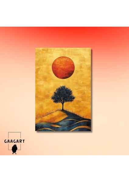 Tekli Dikey Kanvas Tablo Yağlı Boya Görünümlü Ağaç ve Güneş modelleri