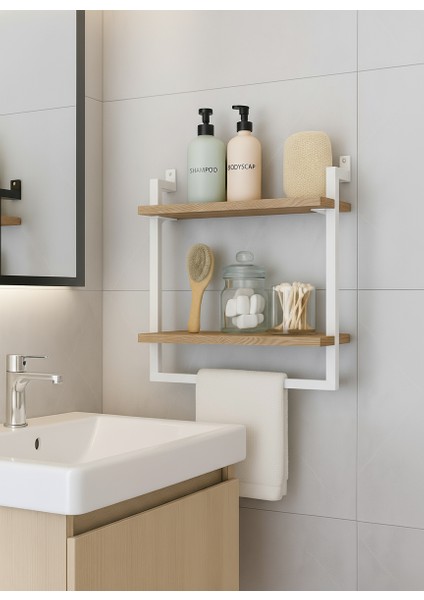 40x20 cm Banyo Rafı Duvara Monte Havluluk 2 Katlı Dekoratif Düzenleyici Organizer Beyaz Metal