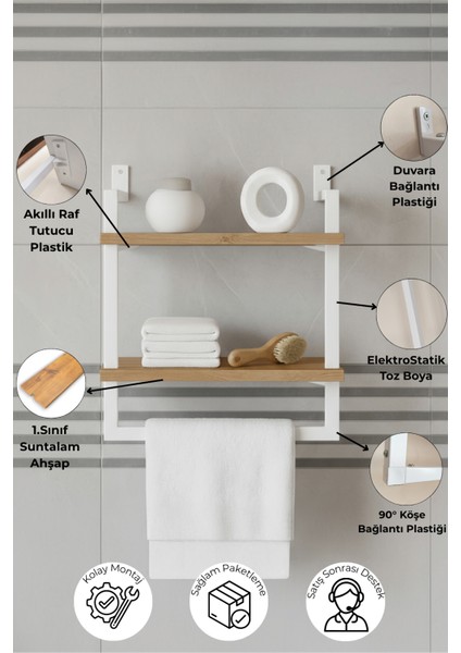 40x20 cm Banyo Rafı Duvara Monte Havluluk 2 Katlı Dekoratif Düzenleyici Organizer Beyaz Metal modelleri