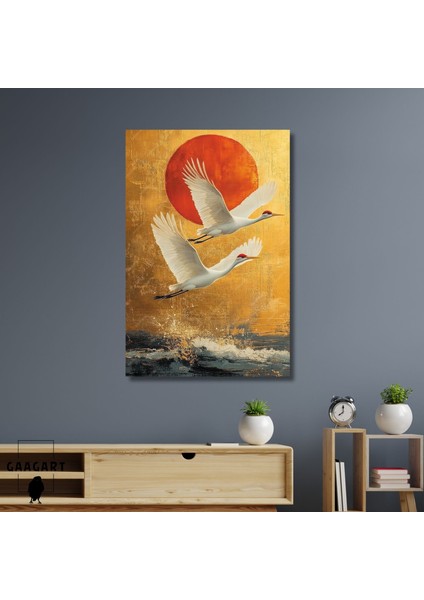Tekli Dikey Kanvas Tablo Yağlı Boya Görünümlü Uçan Turna Kuşları