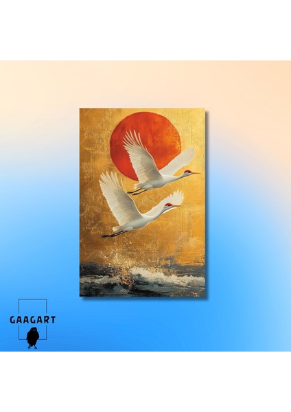Tekli Dikey Kanvas Tablo Yağlı Boya Görünümlü Uçan Turna Kuşları modelleri