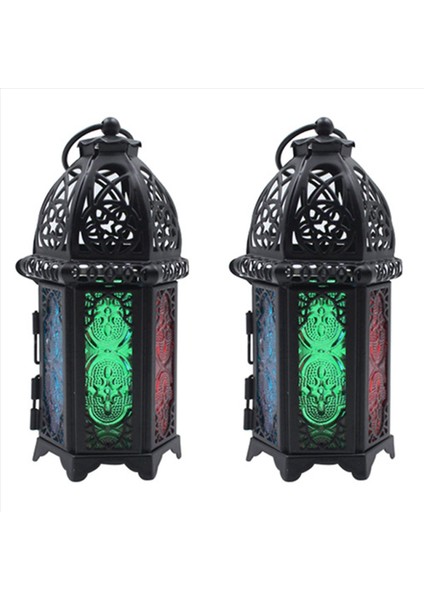 2x Avrupa Şamdan Vintage Asma Mum Tutucu Fas Cam Mum Fener Düğün Ev Dekoru -Black (Yurt Dışından)