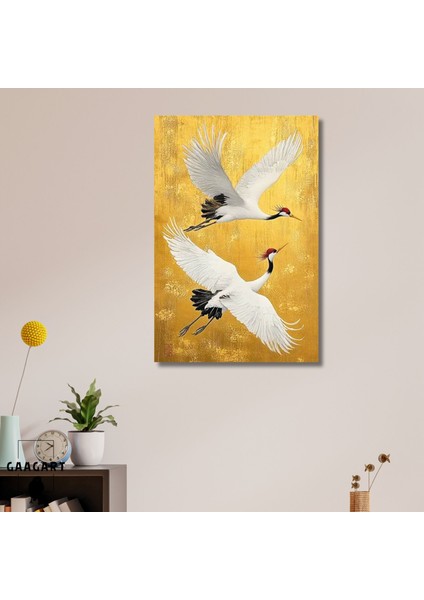 Tekli Dikey Kanvas Tablo Yağlı Boya Görünümlü Gold Uçan Turna Kuşları