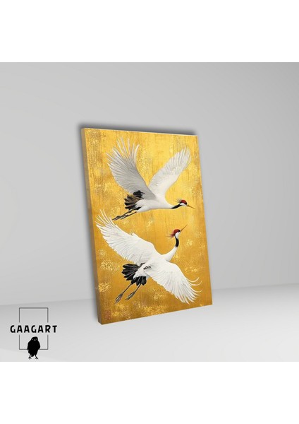 Tekli Dikey Kanvas Tablo Yağlı Boya Görünümlü Gold Uçan Turna Kuşları fiyatları