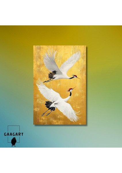 Tekli Dikey Kanvas Tablo Yağlı Boya Görünümlü Gold Uçan Turna Kuşları modelleri