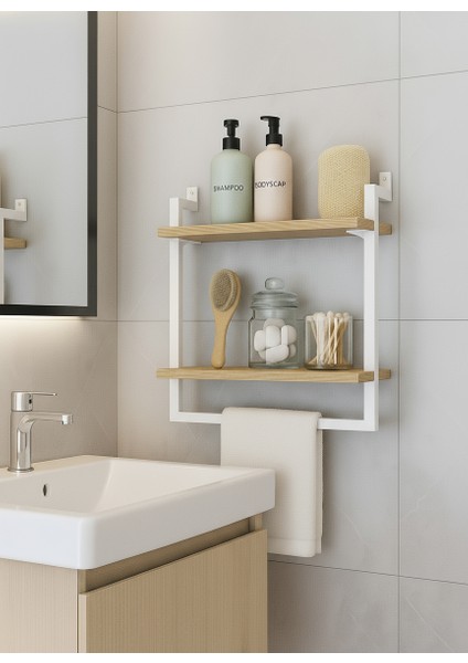 40x20 cm Banyo Rafı Duvara Monte Havluluk 2 Katlı Dekoratif Düzenleyici Organizer Beyaz Metal