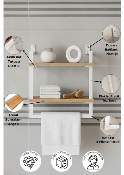 40x20 cm Banyo Rafı Duvara Monte Havluluk 2 Katlı Dekoratif Düzenleyici Organizer Beyaz Metal modelleri