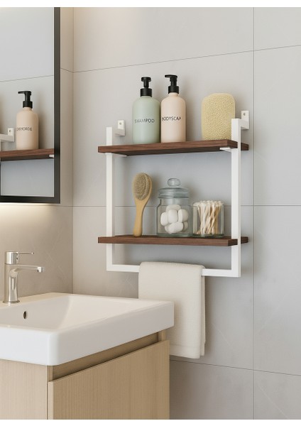 40x20 cm Banyo Rafı Duvara Monte Havluluk 2 Katlı Dekoratif Düzenleyici Organizer Beyaz Metal