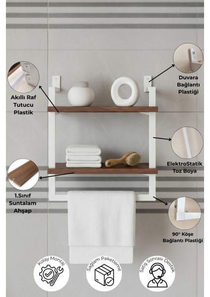 40x20 cm Banyo Rafı Duvara Monte Havluluk 2 Katlı Dekoratif Düzenleyici Organizer Beyaz Metal modelleri