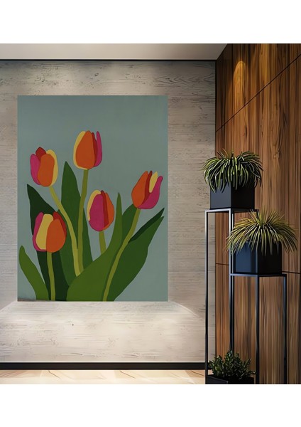 Renkli Lale Çiçekleri Yağlı Boya Görünümlü Ahşap Dekoratif Tablo Dikdörtgen Tablo