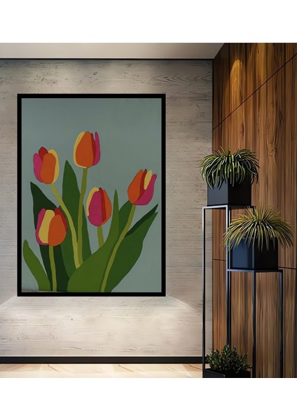 Renkli Lale Çiçekleri Yağlı Boya Görünümlü Ahşap Dekoratif Tablo Dikdörtgen Tablo fiyatları