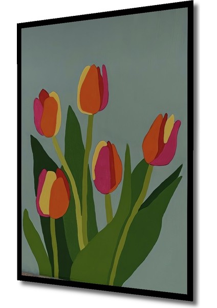 Renkli Lale Çiçekleri Yağlı Boya Görünümlü Ahşap Dekoratif Tablo Dikdörtgen Tablo indirimleri