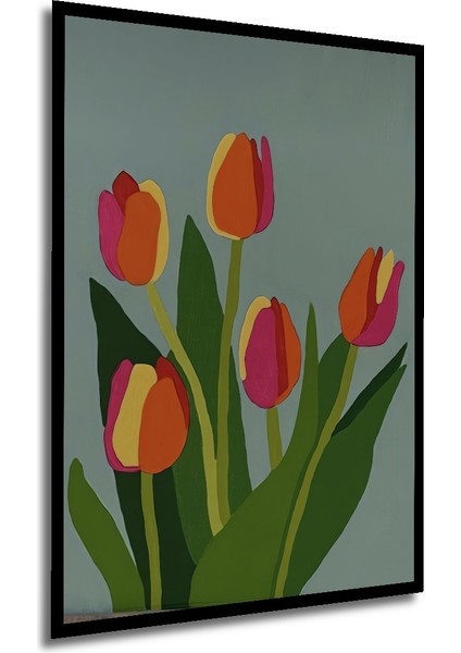 Renkli Lale Çiçekleri Yağlı Boya Görünümlü Ahşap Dekoratif Tablo Dikdörtgen Tablo