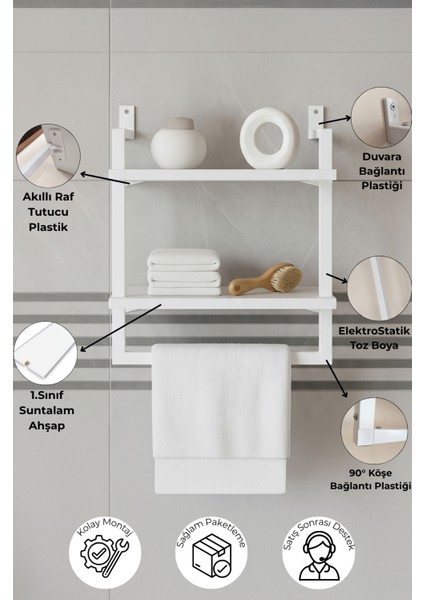 40x20 cm Banyo Rafı Duvara Monte Havluluk 2 Katlı Dekoratif Düzenleyici Organizer Beyaz Metal modelleri
