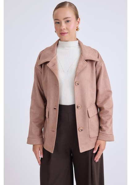 Düşük Omuz Kapak Cepli Süet Ceket
