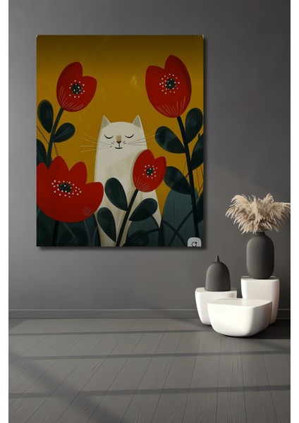 Sulu Boya Görünümlü Beyaz Kedi ve Kırmızı Lale Temalı Ahşap Dekoratif Tablo Dikdörtgen Tablo